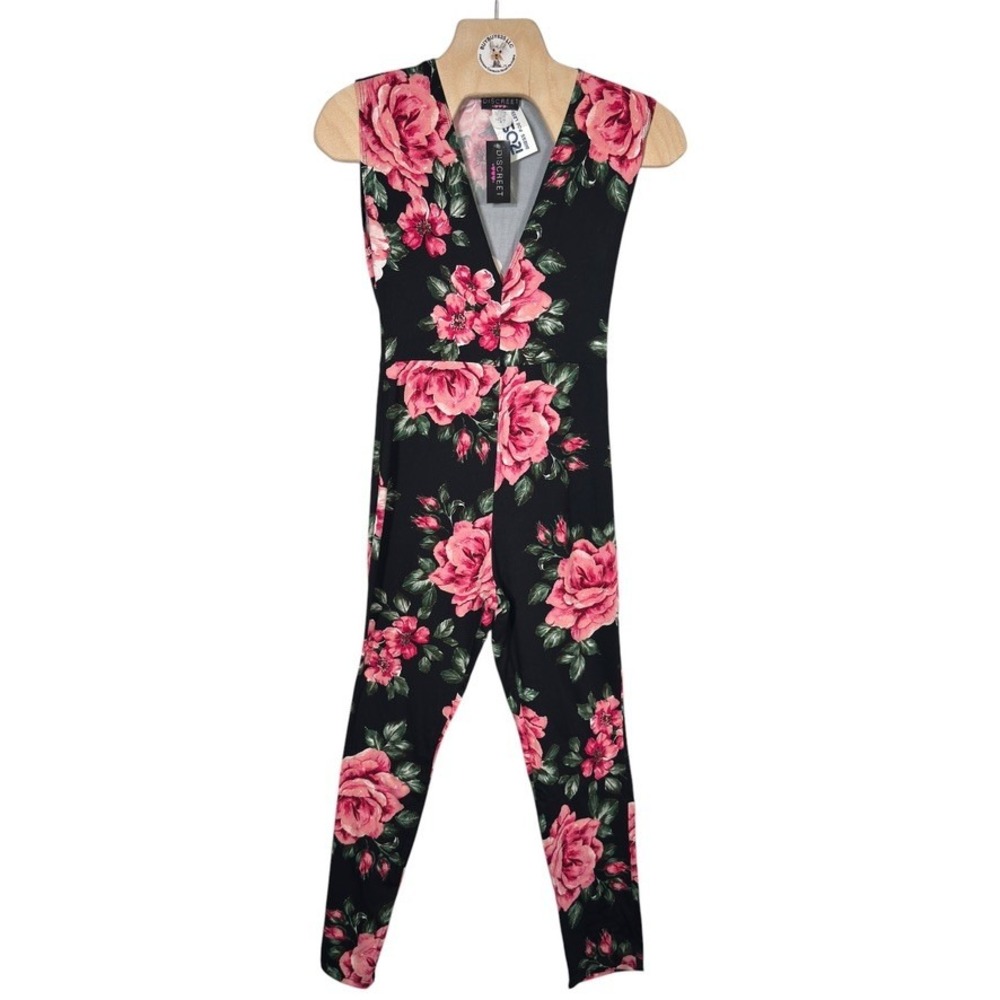 Discreet Women's S Black Pink Rose Floral Sleeveless Jumpsuit NWT USA - Picture 2 of 6